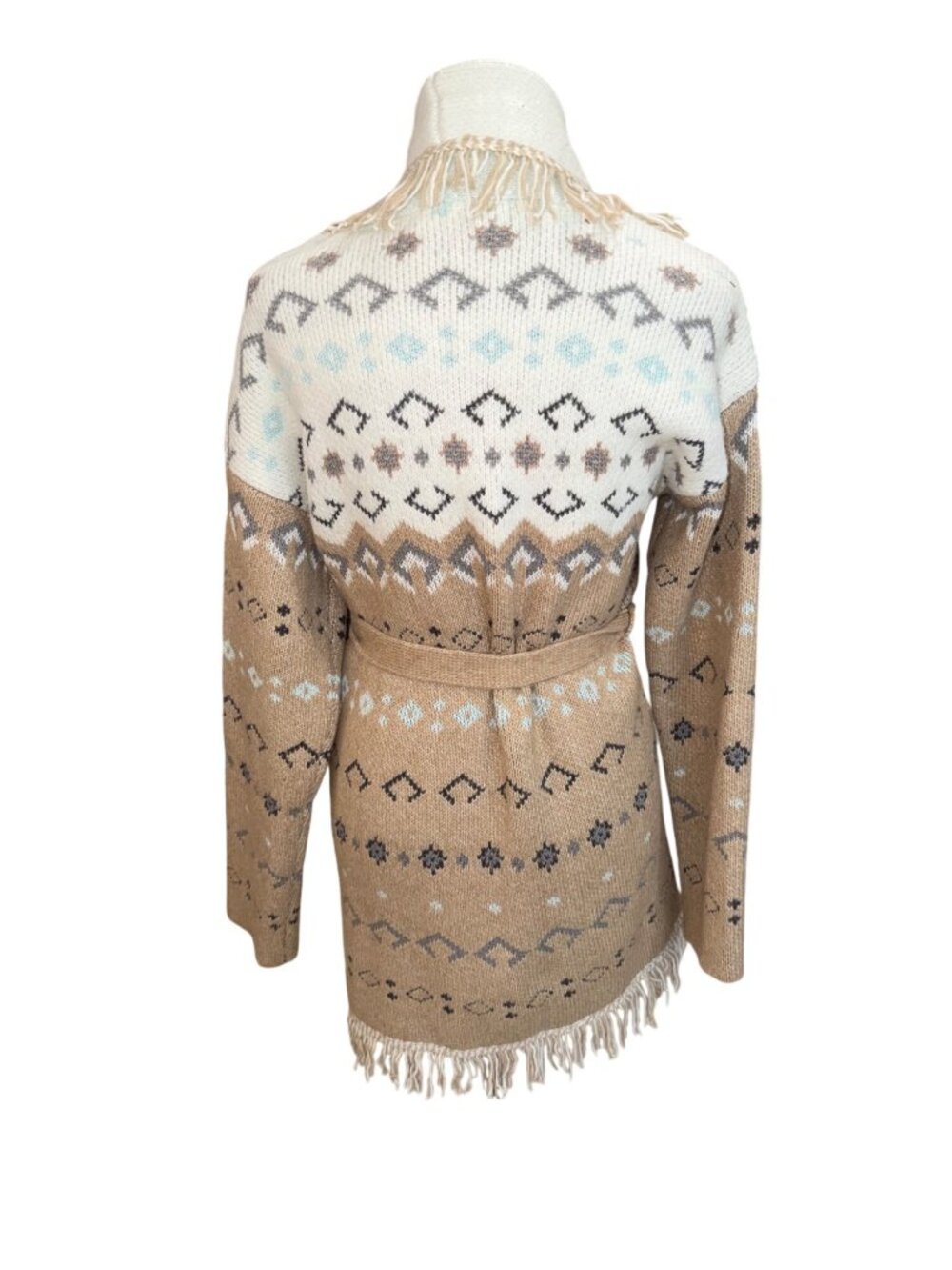 Lucky Brand Womens M Fringe Open Cardigan Sweater Southwestern Beige Aztec Belt - Picture 4 of 12